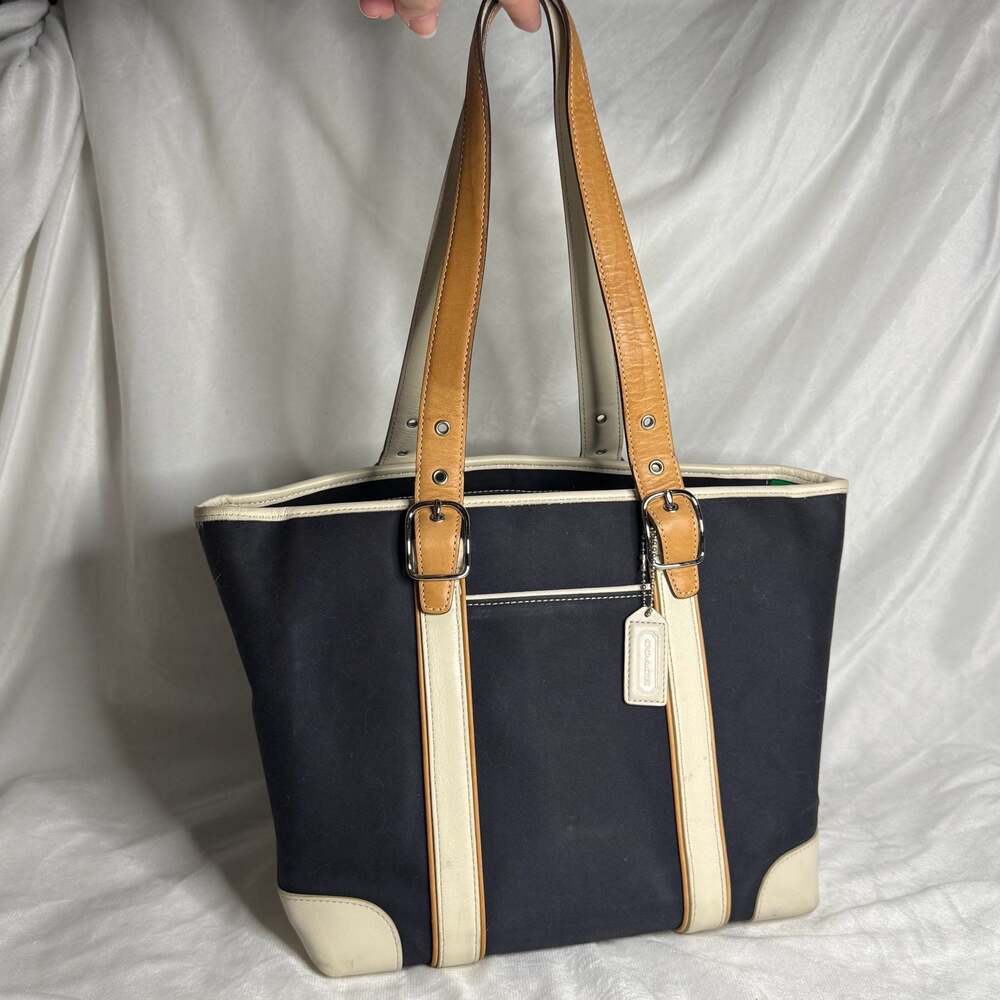 Coach Hampton Mini Tote Bag in Navy Canvas and Cream Leather